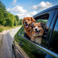 Dogs leaning out of the window of a moving car