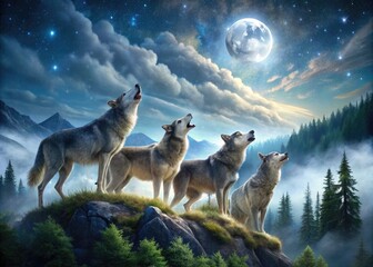 A pack of majestic gray wolves stand on a misty mountain ridge, their haunting howls echoing through the forest under a starry night sky.