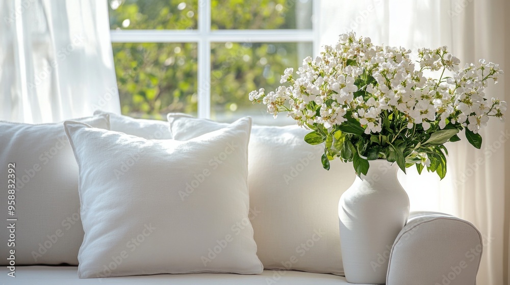 Canvas Prints bright and cozy living room with white decor and flower arrangement