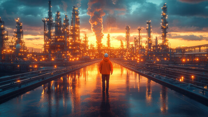 An engineer inspects pipelines and drilling rigs at a large factory behind a subsea facility.