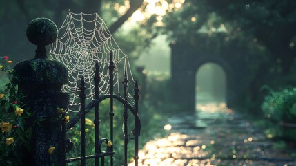 Dew Covered Spider Web Draped Across Garden Gate in Early Morning Light