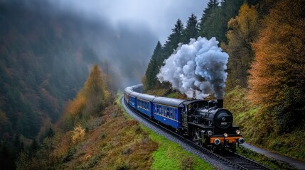 Obraz premium A black steam locomotive races down the tracks in a vibrant autumn landscape, pulling an old train with blue and yellow planks while white smoke billows from its chimney