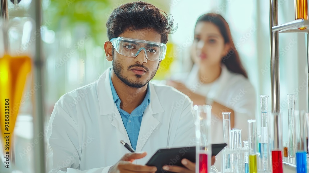 Poster analyzing samples in a modern medical research laboratory and discussing innovative technology with 