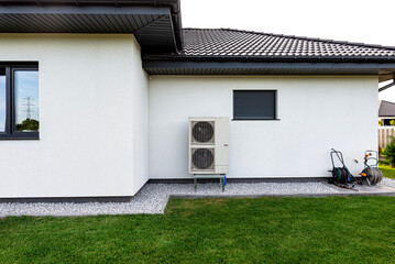 Two efficient outdoor heat pump units placed in front of the house.