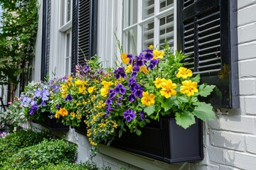 Fototapeta premium An exterior wall siding of a Charleston, South Carolina house decorates a sidewalk with yellow flowers in a planter
