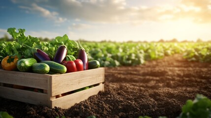 Fresh organic vegetables in a wooden crate on a farm field during sunset, symbolizing harvest season and sustainable agriculture.