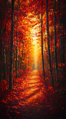Enchanting Autumn Forest Path Covered in Vibrant Red Leaves at Sunrise