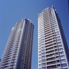 Fototapeta premium Modern skyscrapers on blue sky background. Architectural detail