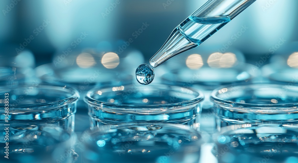 Poster doing biotechnology research by pipetting samples into micro well plates