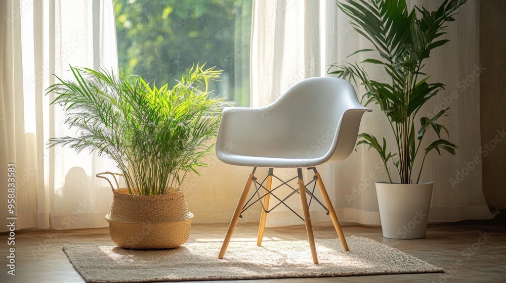 Canvas Prints Modern Minimalist Interior with White Chair and Plants