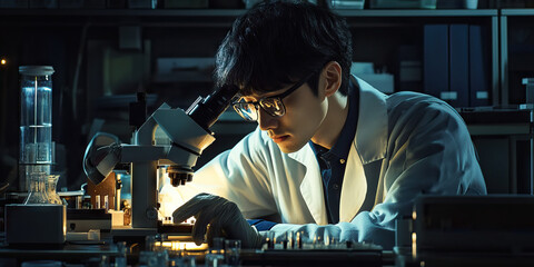 Naklejka premium Asian scientist working diligently at a laboratory bench