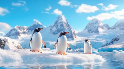 Obraz premium Beautiful scene of three penguins standing on an ice floe with stunning mountains and clear blue skies in the background.