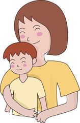 Cartoon mother and son illustration on transparent background.
