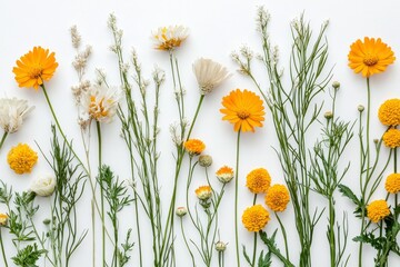 Fototapeta premium Dry meadow flowers on white background, top view