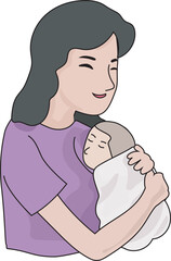 Cartoon mother and baby illustration on transparent background.
