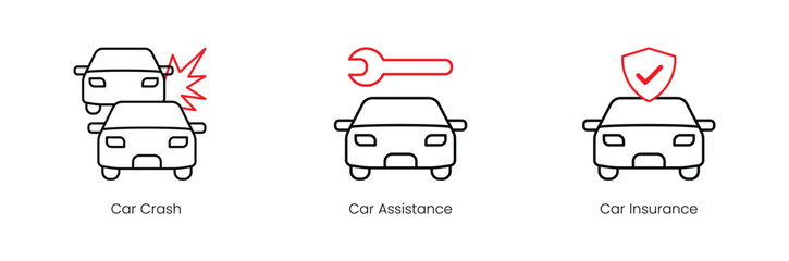 Car Crash, Car Assistance, Car Insurance Vector Icon Set
