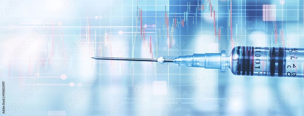 Poster background of a medical science lab with a syringe and hand-held flask and cylinder in soft white bl