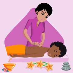 Needle Acupuncture treatment by professional acupuncturist in spa. Isolated flat vector illustration. Indian and African ethnicity.