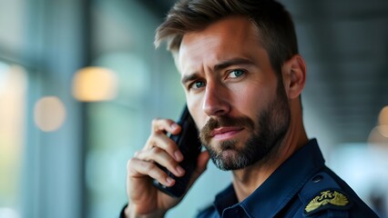 Professional authority team police officer with an urgent telephone call leadership management