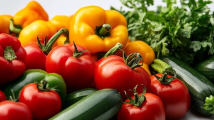 Fresh variety of colorful vegetables including red tomatoes, yellow bell peppers, green zucchini, and leafy greens on a white background.
