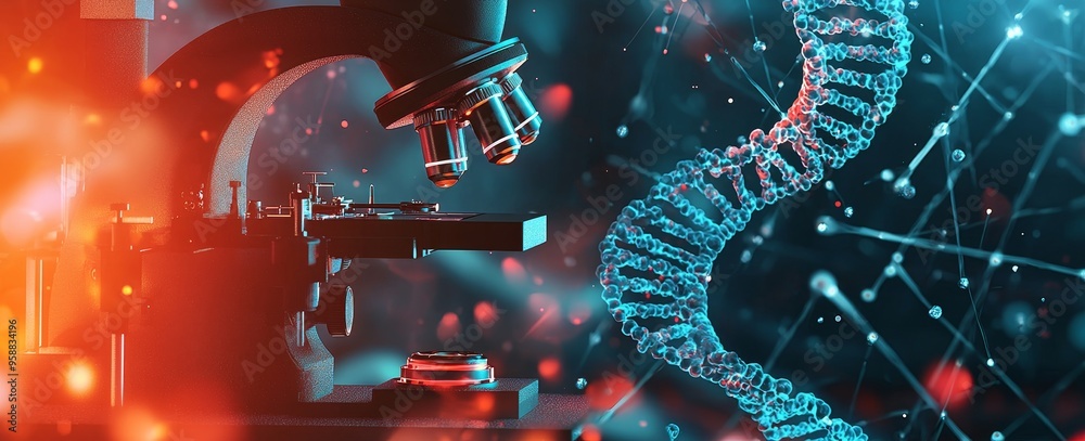 Aufkleber microscope with a test tube and a dna helix in a laboratory, science analysis and test results, gene
