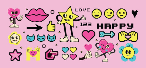 Retro set of icons of 90s. Pop art sticker collection for 1990 born baby. Badge for hipsters with sunglasses, boombox and roller, cassette. Vintage isolated element.