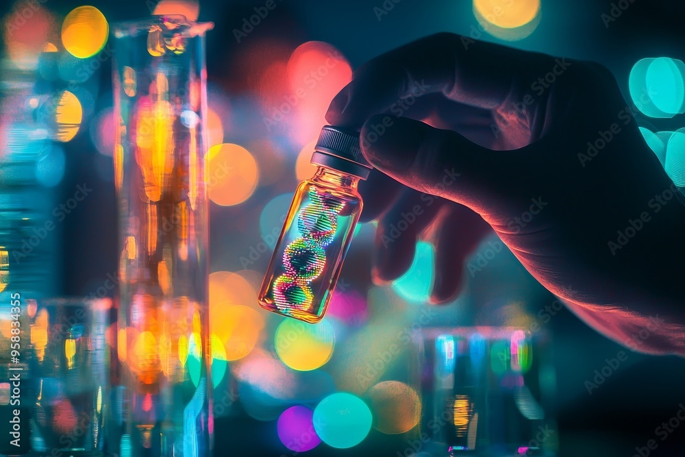Poster anatomical and genetics, 3d rendering of a human cell in the laboratory area of a biochemistry labor