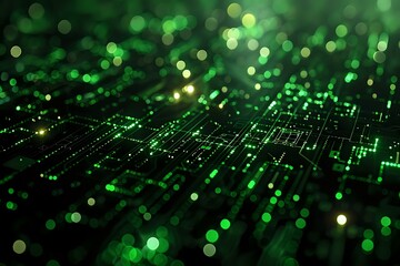 A futuristic abstract image featuring glowing green and orange dots aligned in grid patterns, resembling a digital matrix or data visualization. Perfect for themes of technology, AI, and data flow