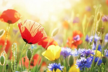 Obraz premium In a summer meadow, beautiful poppies bloom among other wild flowers