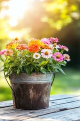Fototapeta premium On a farm table, buckets of farm flowers are arranged in an assortment