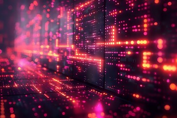 Fototapeta premium A futuristic abstract image featuring glowing pink and orange digital grids, creating a sense of data flow and connectivity. Ideal for themes of technology, virtual networks, and digital innovation.