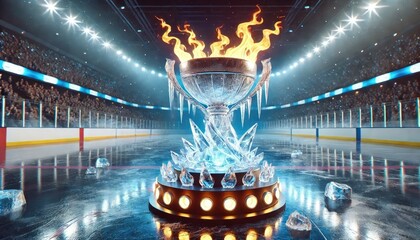 Ice hockey trophy concept in the shape of a cup with spikes and flames