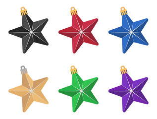 Obraz premium Set of Christmas tree decorations. Multicolored stars. Isolated on white background vector illustration. Black, red, blue, gold, green and purple Christmas decorations.