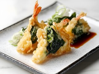 Fried Shrimp and Seaweed on a White Plate