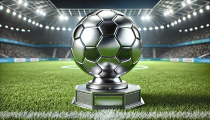 Concept Soccer cup, a trophy in the form of a soccer ball made of white gold or silver on a soccer field