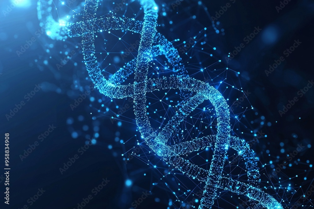 Aufkleber 3D rendering of a glowing DNA hologram on a dark blue backdrop with a mock up place. Concept for science, medicine, and biotechnology.