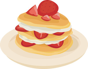 Cartoon strawberry pancakes illustration on transparent background.
