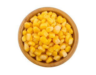 Mais in einer Schale, isoliert auf weißen Hintergrund, Freisteller, Transparent, Draufsicht 
