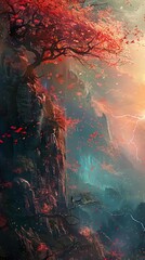 A majestic, red-leafed tree stands tall on a cliff overlooking a misty valley, with a dramatic sky and a hint of lightning.