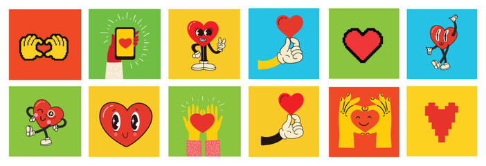 Groovy hippie love sticker characters. Comic happy faces, geometric shapes and flower characters in trendy retro 60s 70s cartoon style. Vintage isolated vector illustration.