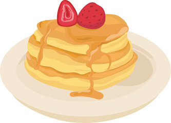 Cartoon strawberry pancakes illustration on transparent background.
