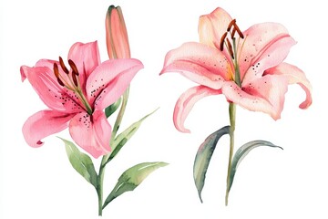 Obraz premium Watercolor illustration of pink lilies on a white background