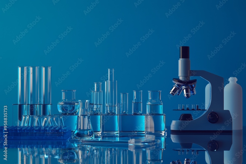 Poster A microscope with lab glassware, part of a science laboratory research concept.