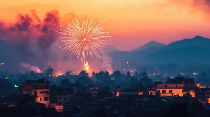Fireworks lighting up the sky over an Indian village during Diwali, celebration of light, cultural festivities