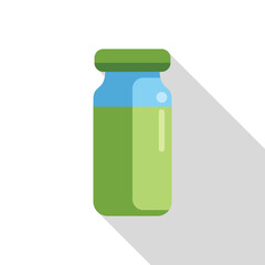 Simple flat design style illustration of a medical glass vial containing green liquid with a long shadow