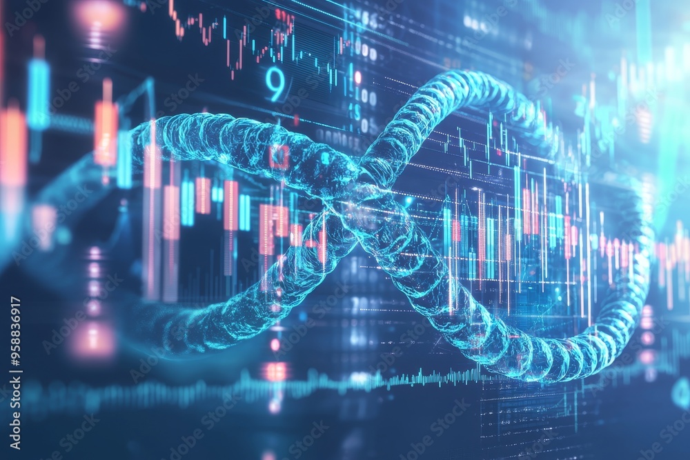 Aufkleber Three-dimensional CG visualization of science molecular DNA ring model structure and candlestick graph chart under blue background. Medical business, healthcare strategy, healthcare finance concept.