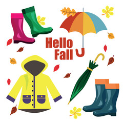 Autumn set of rubber boots, raincoats and umbrellas in vector.