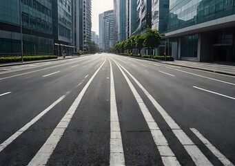 Close up clean empty road on modern office of city building buildings