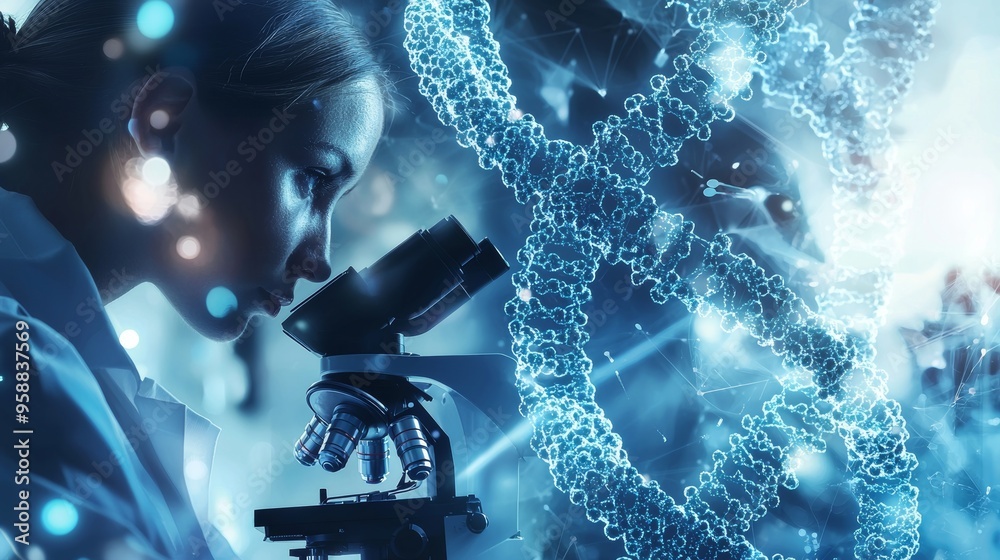 Poster In the background is a scientist or researcher working in a biotechnology laboratory with a microscope overlaying strands of DNA and molecules. Concept of DNA engineering.