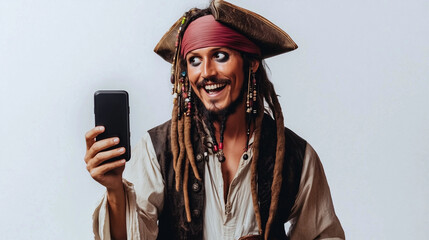Fototapeta premium A pirate in a costume with a funny expression on his face is holding a smartphone, looking pleased and excited